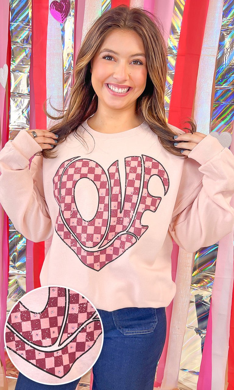 Love Checkered Heart Rhinestone Graphic Sweatshirt - Free Spirited