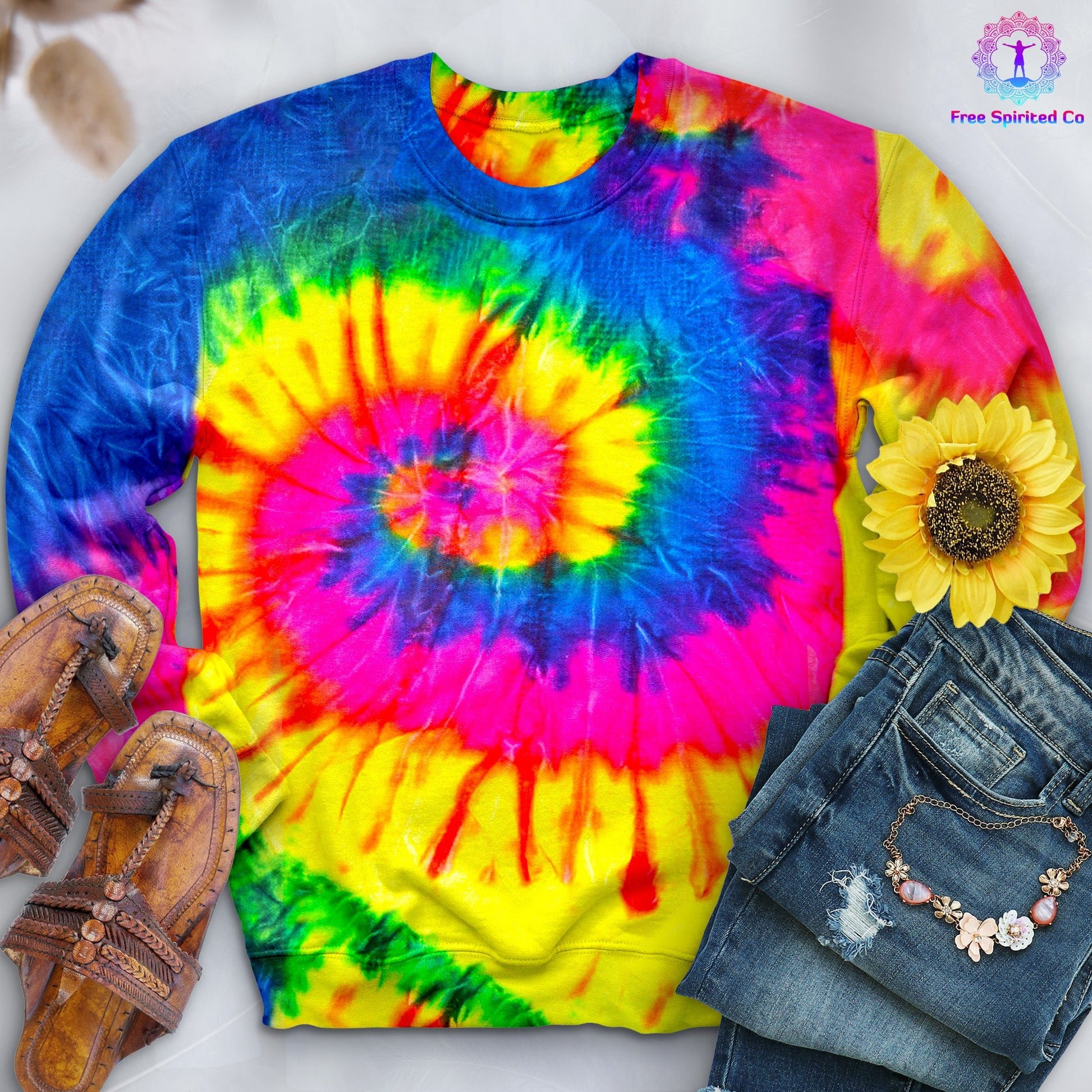 Neon Rainbow Hand - Dyed Crewneck - Free Spirited