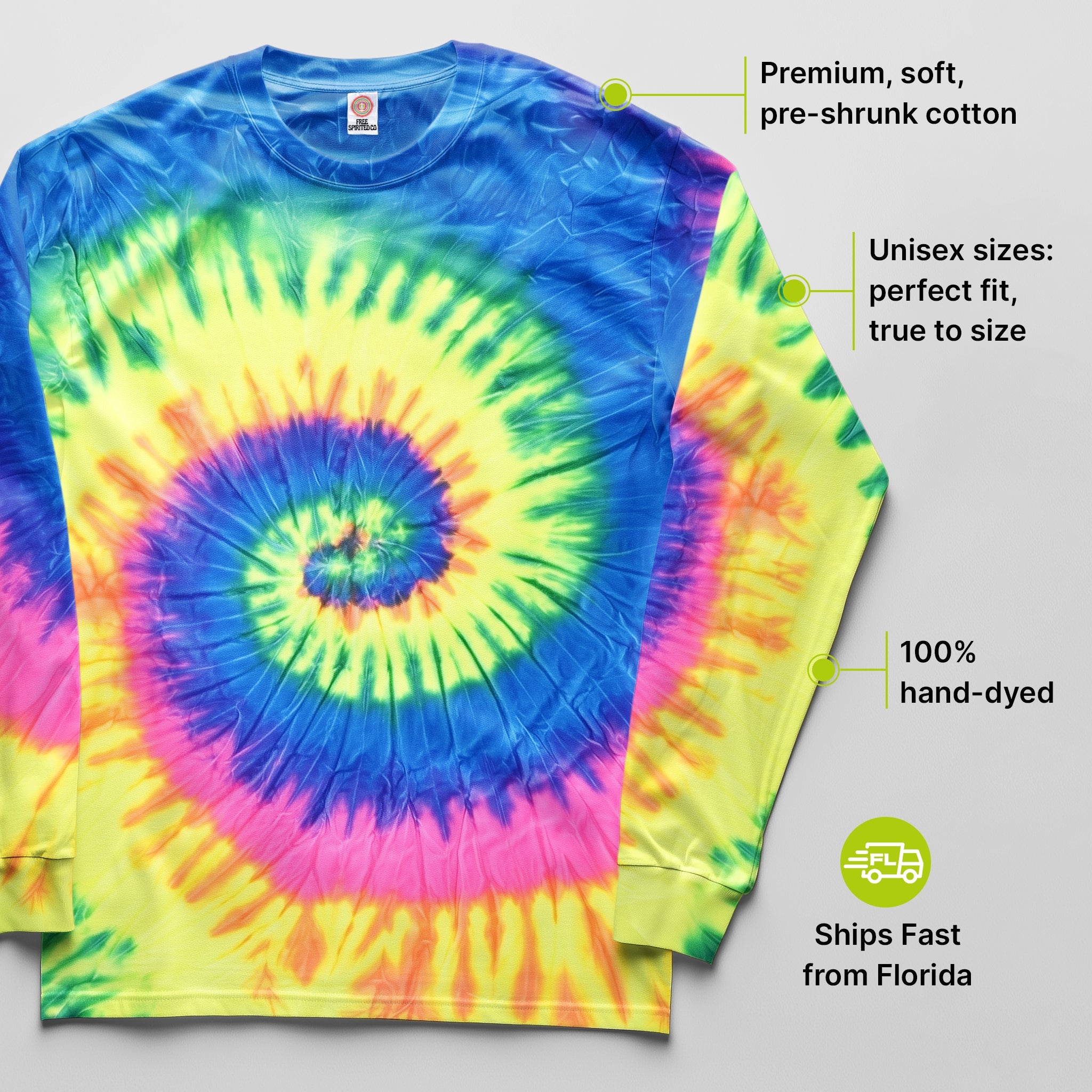 Neon Rainbow Hand Dyed Long Sleeve - Free Spirited