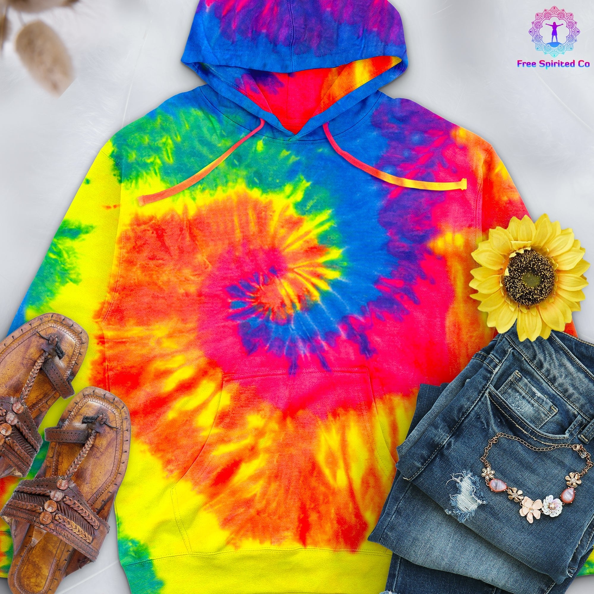 Neon Rainbow Hand - Dyed Pullover Hoodie - Free Spirited