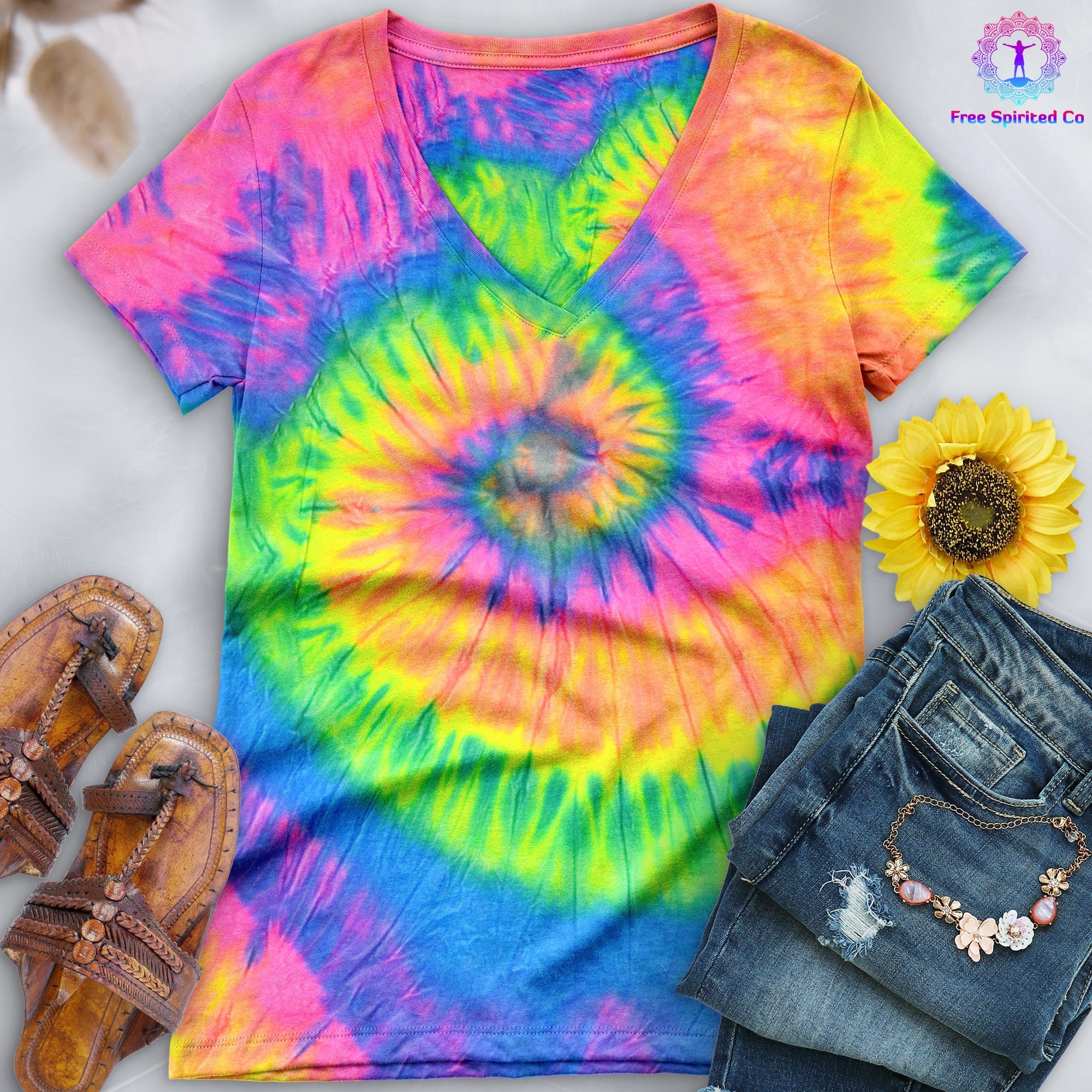 Neon Rainbow V-Neck (Fitted Women's Size) - Free Spirited