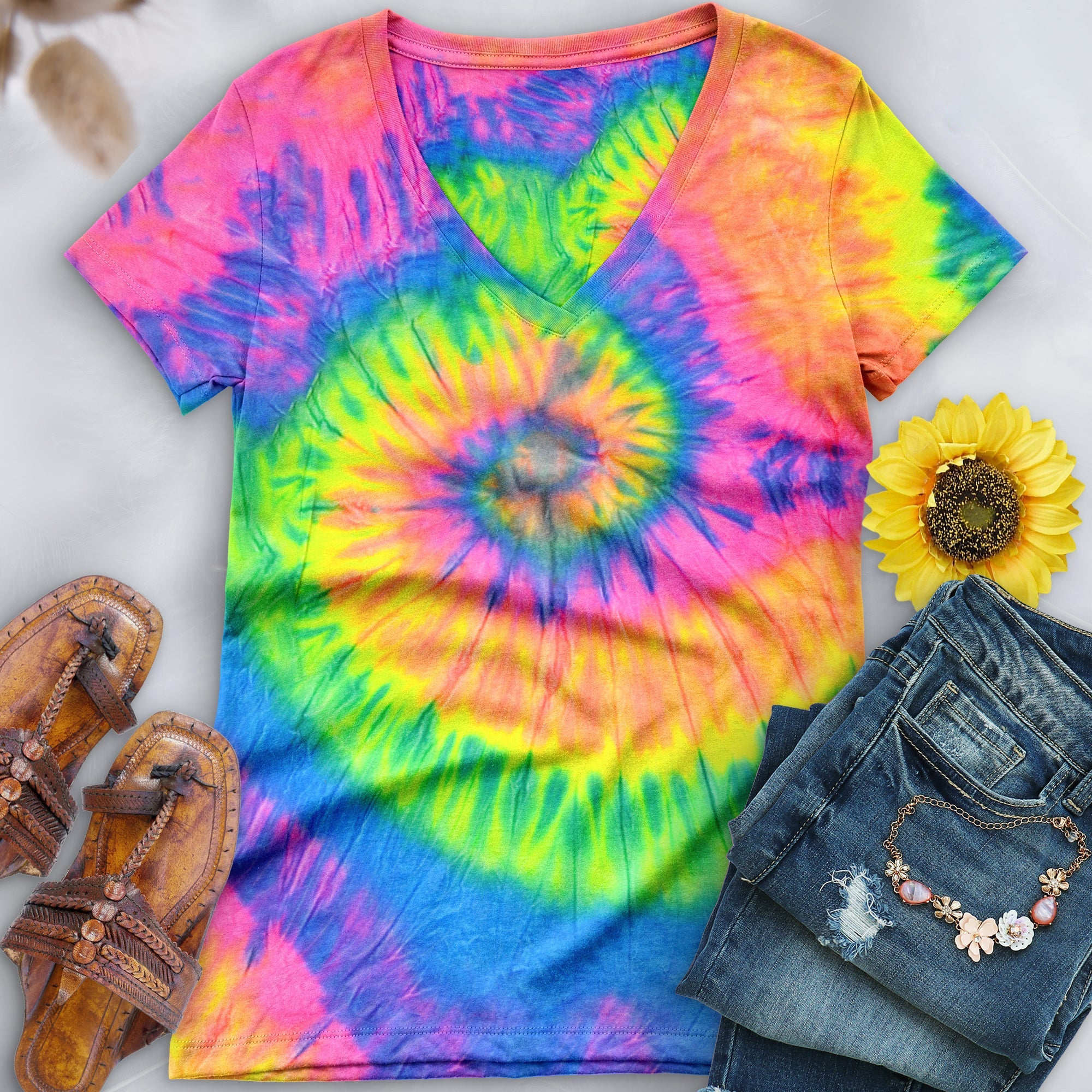 Neon Rainbow V-Neck (Fitted Women's Size) - Free Spirited