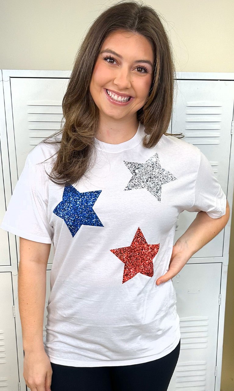 Patriotic Glitter Star Graphic T-Shirt - Free Spirited