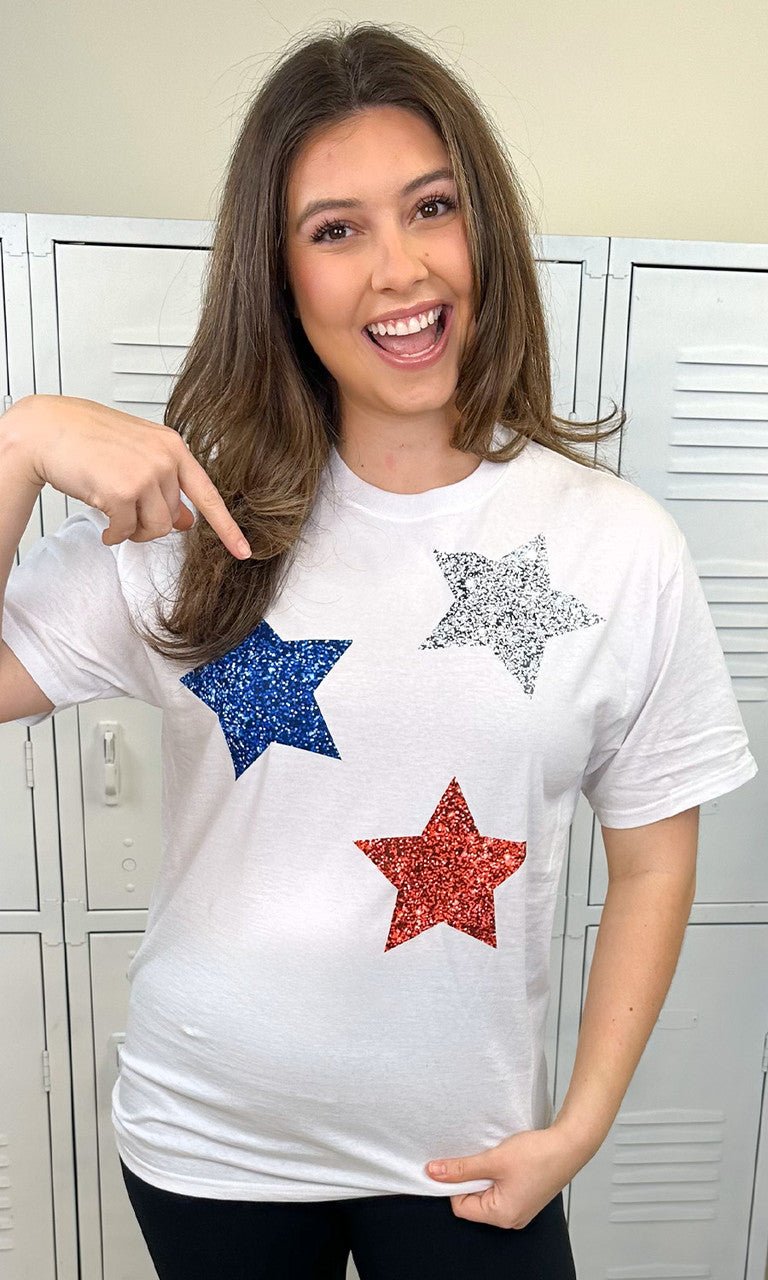 Patriotic Glitter Star Graphic T-Shirt - Free Spirited