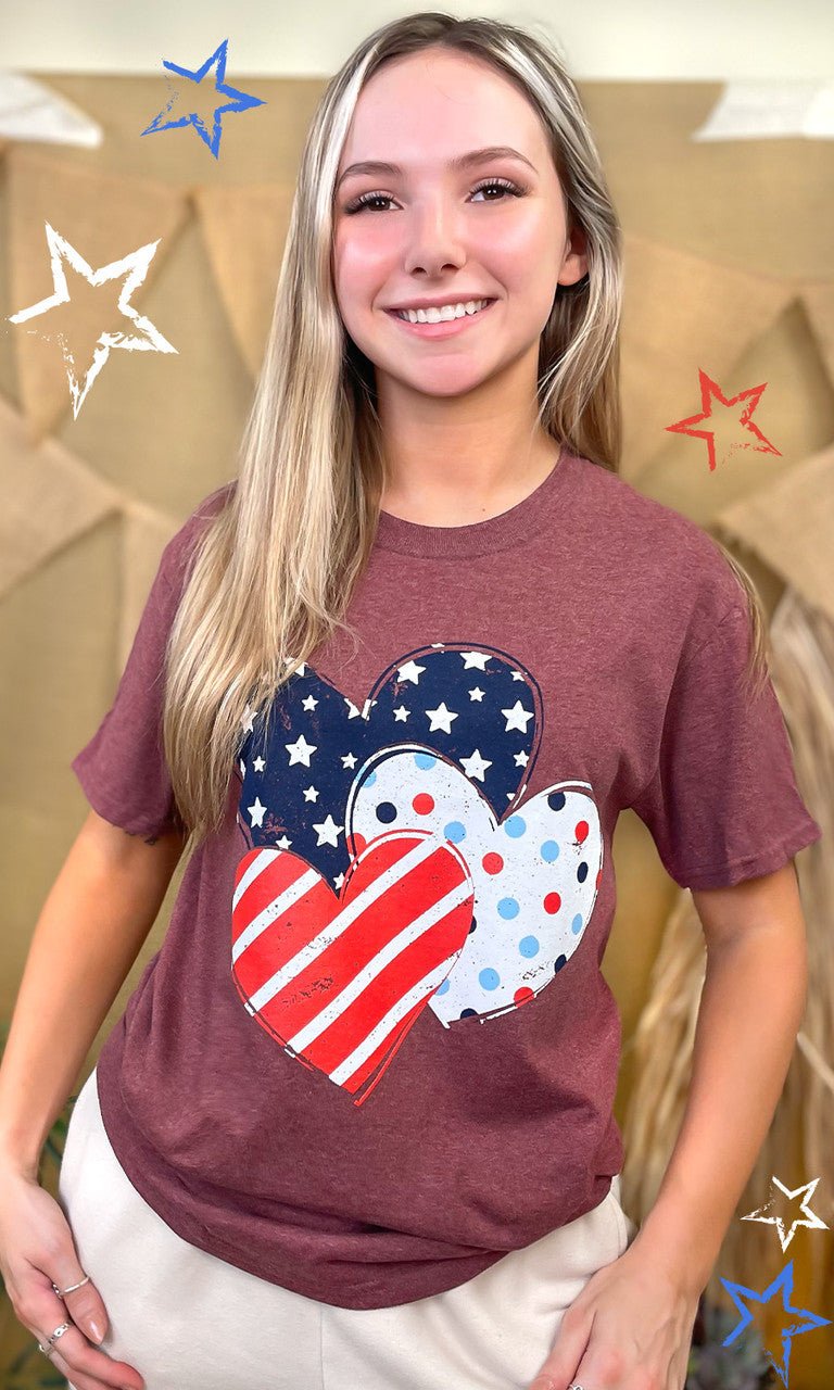 Patriotic Pattern Hearts Graphic T-Shirt - Free Spirited