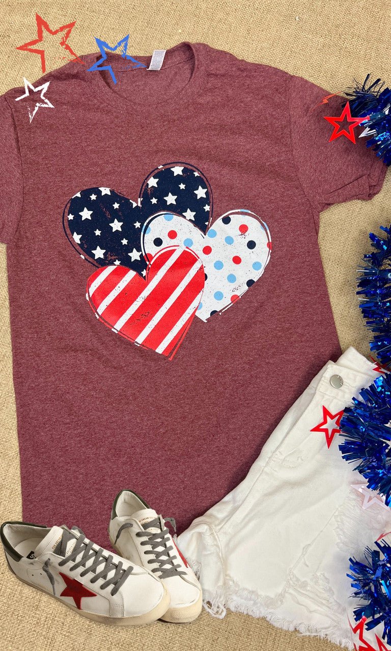 Patriotic Pattern Hearts Graphic T-Shirt - Free Spirited