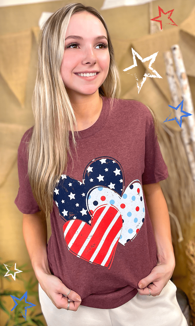 Patriotic Pattern Hearts Graphic T-Shirt - Free Spirited