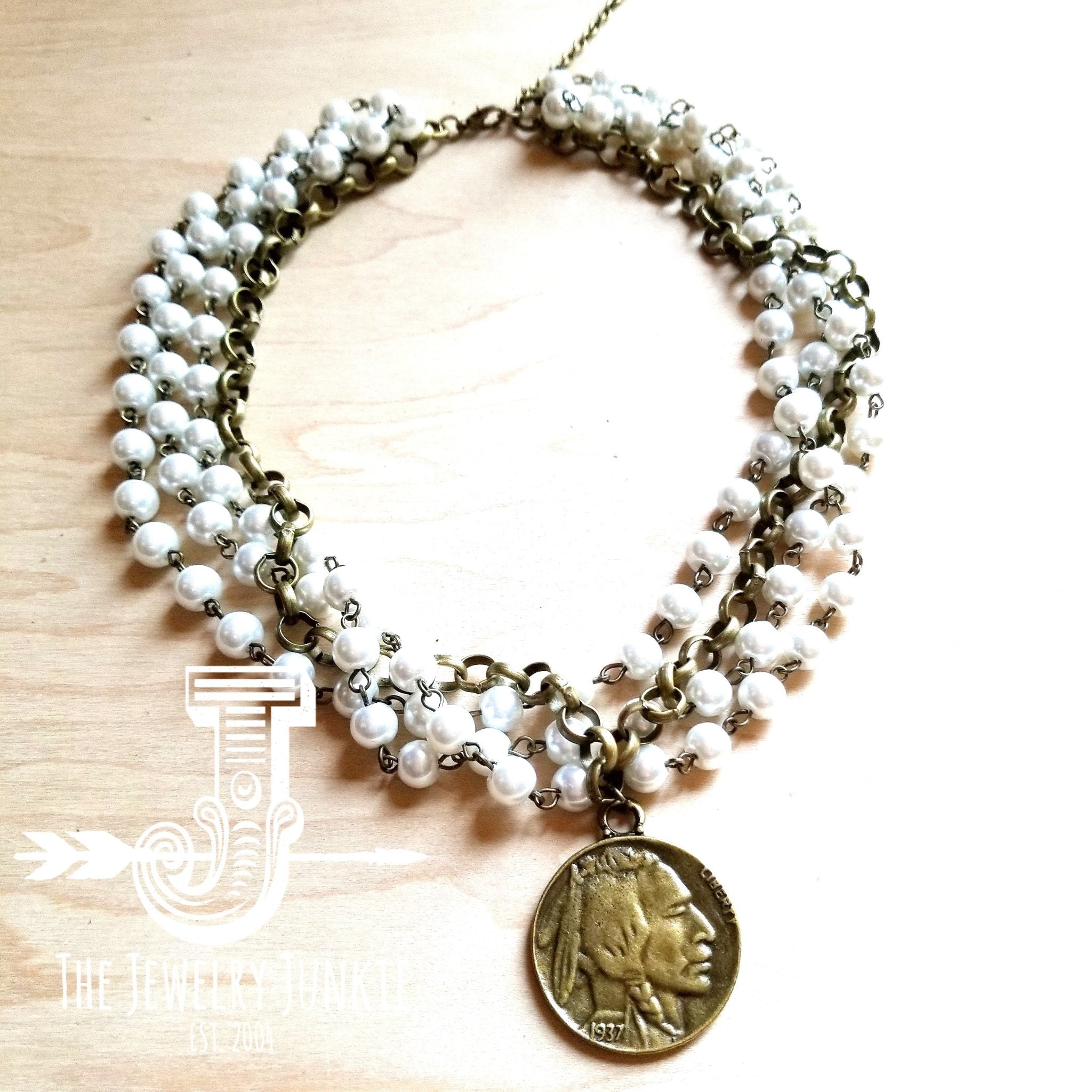 Pearl and Antique Gold Collar - Length Necklace with Indian Coin 245e - Free Spirited