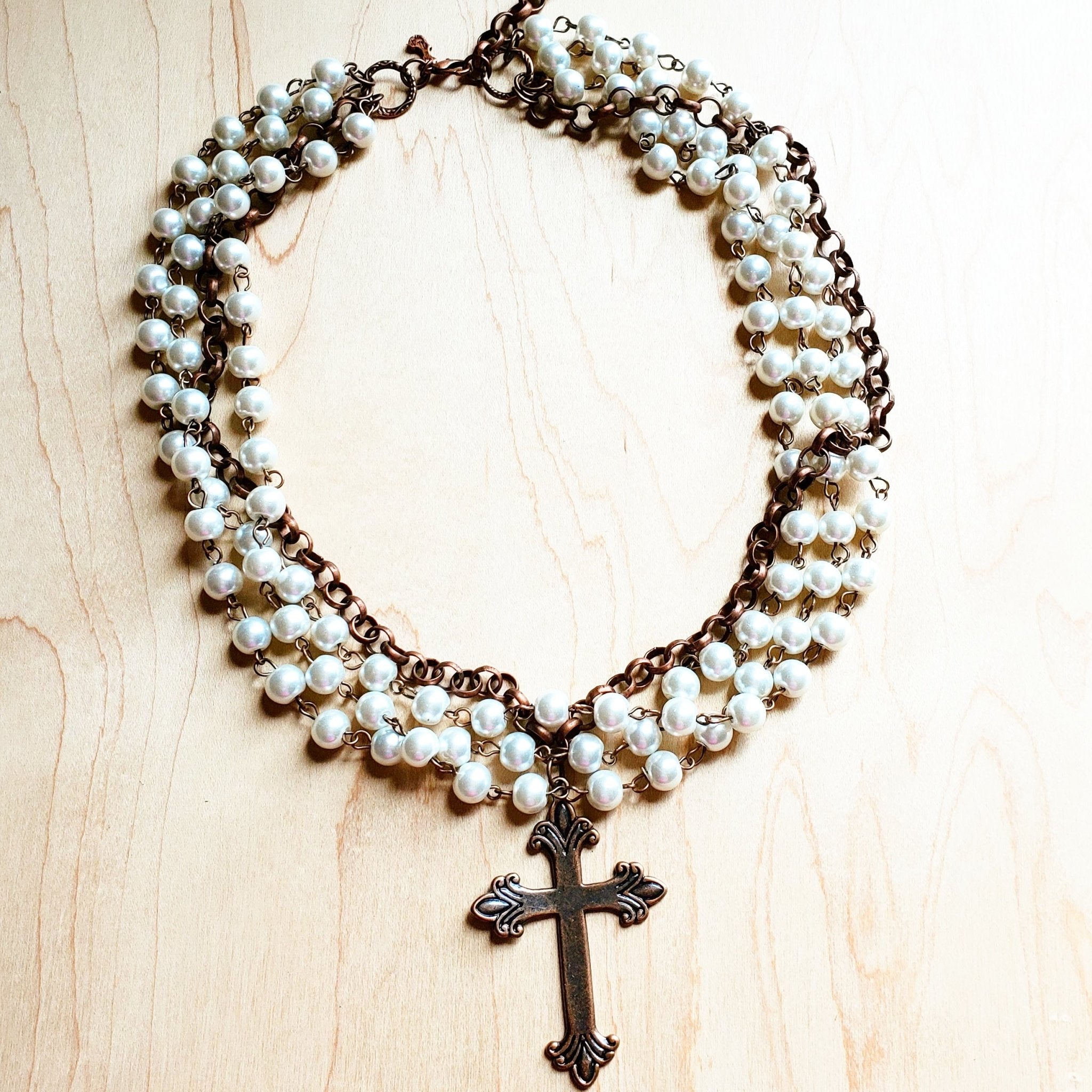 Pearl and Copper Collar - Length Necklace with Copper Cross 114G - Free Spirited