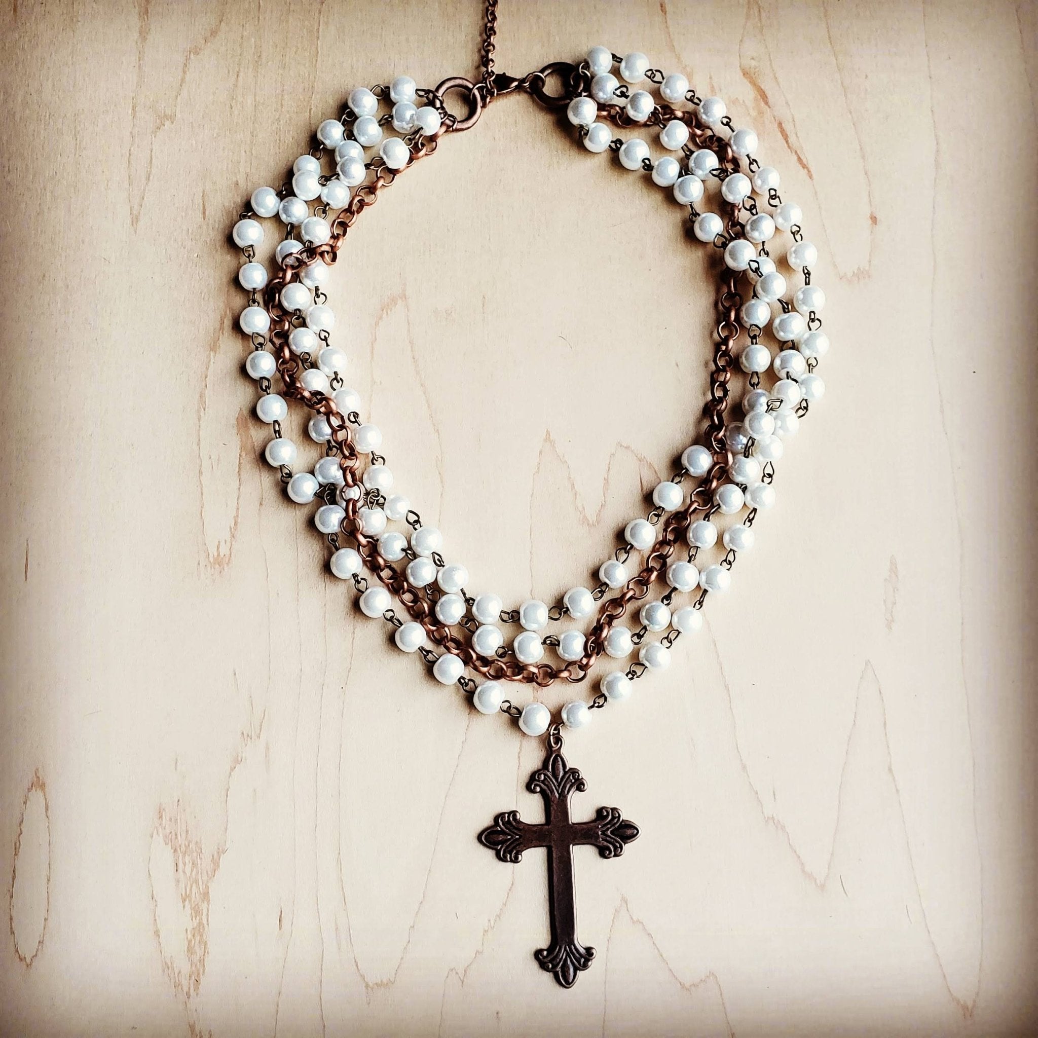 Pearl and Copper Collar - Length Necklace with Copper Cross 114G - Free Spirited