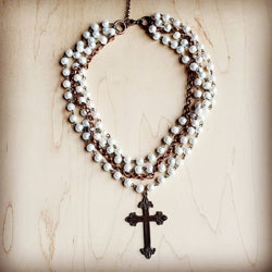 Pearl and Copper Collar - Length Necklace with Copper Cross 114G - Free Spirited