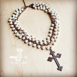 Pearl and Copper Collar - Length Necklace with Copper Cross 114G - Free Spirited