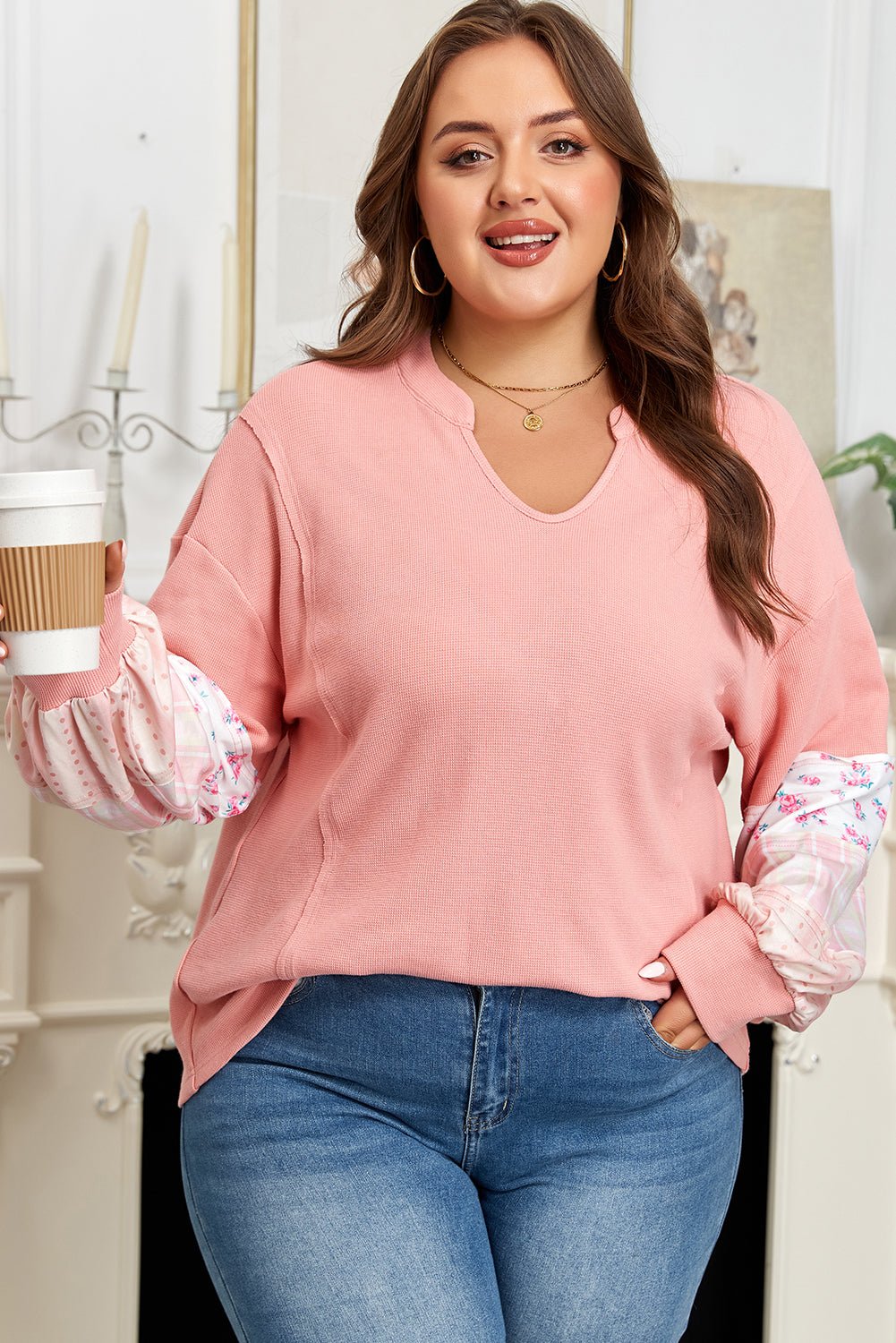 Pink Floral Sleeve Patchwork Waffle Knit Notched V Neck Plus Size Top - Free Spirited