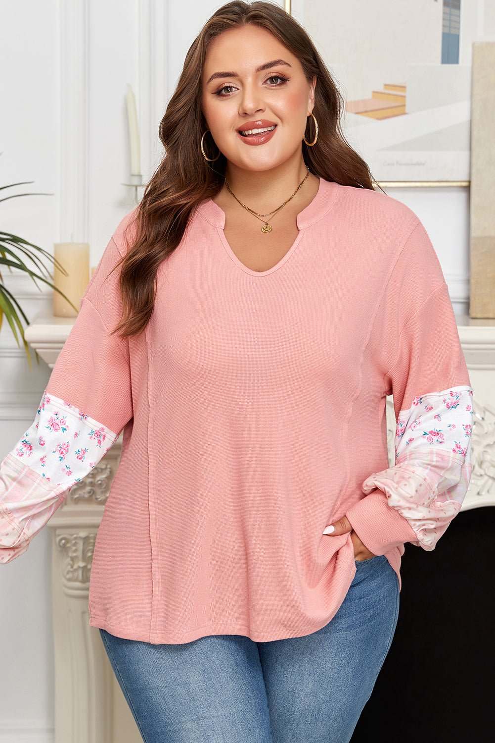 Pink Floral Sleeve Patchwork Waffle Knit Notched V Neck Plus Size Top - Free Spirited