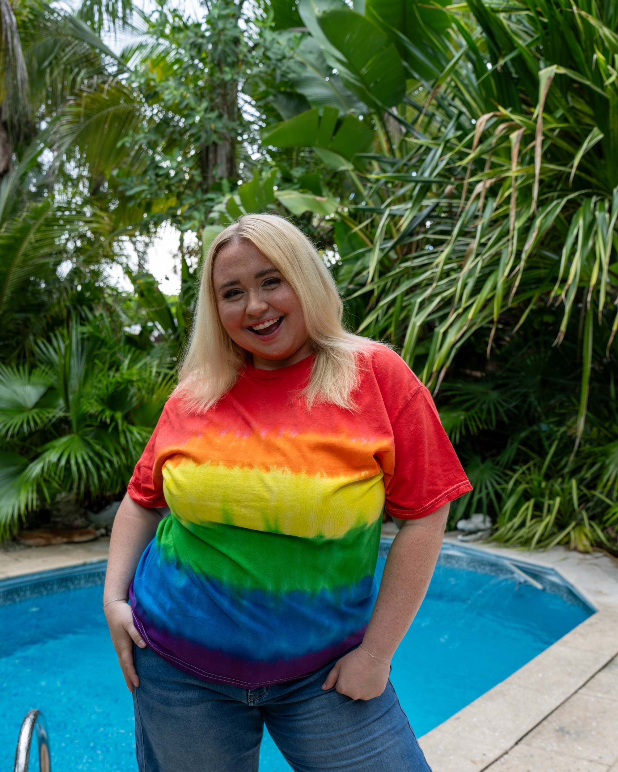Pride tee on a plus-size model, front view