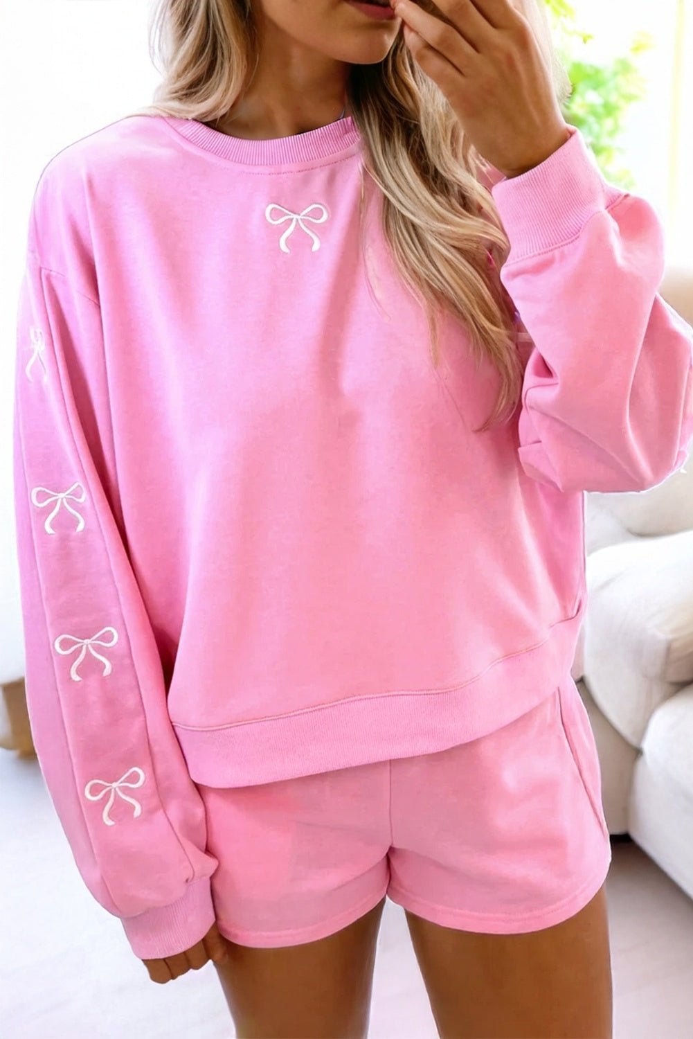 Sachet Pink Girly Bow Embroidered Detail Puff Sleeve Pullover 2pcs Short Set - Free Spirited