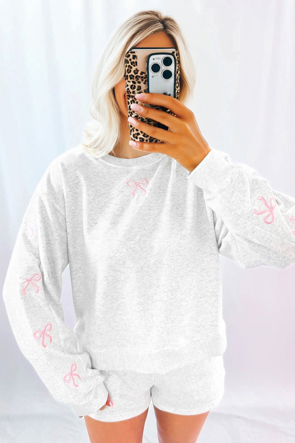 Sachet Pink Girly Bow Embroidered Detail Puff Sleeve Pullover 2pcs Short Set - Free Spirited