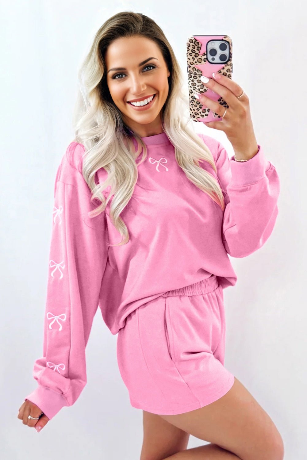 Sachet Pink Girly Bow Embroidered Detail Puff Sleeve Pullover 2pcs Short Set - Free Spirited