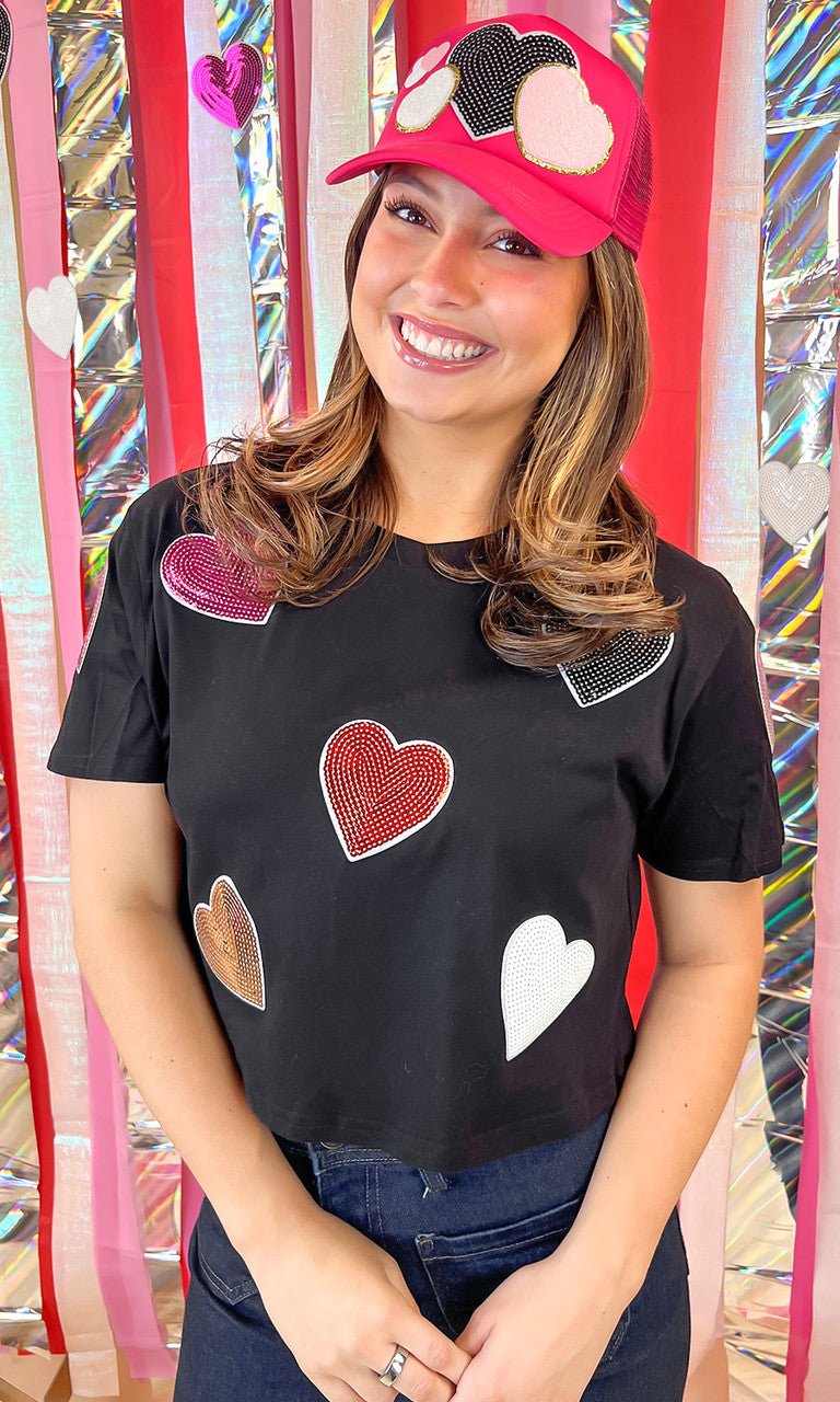 Sparkle Sequin Valentine Heart Graphic Crop Top T-Shirt - Free Spirited