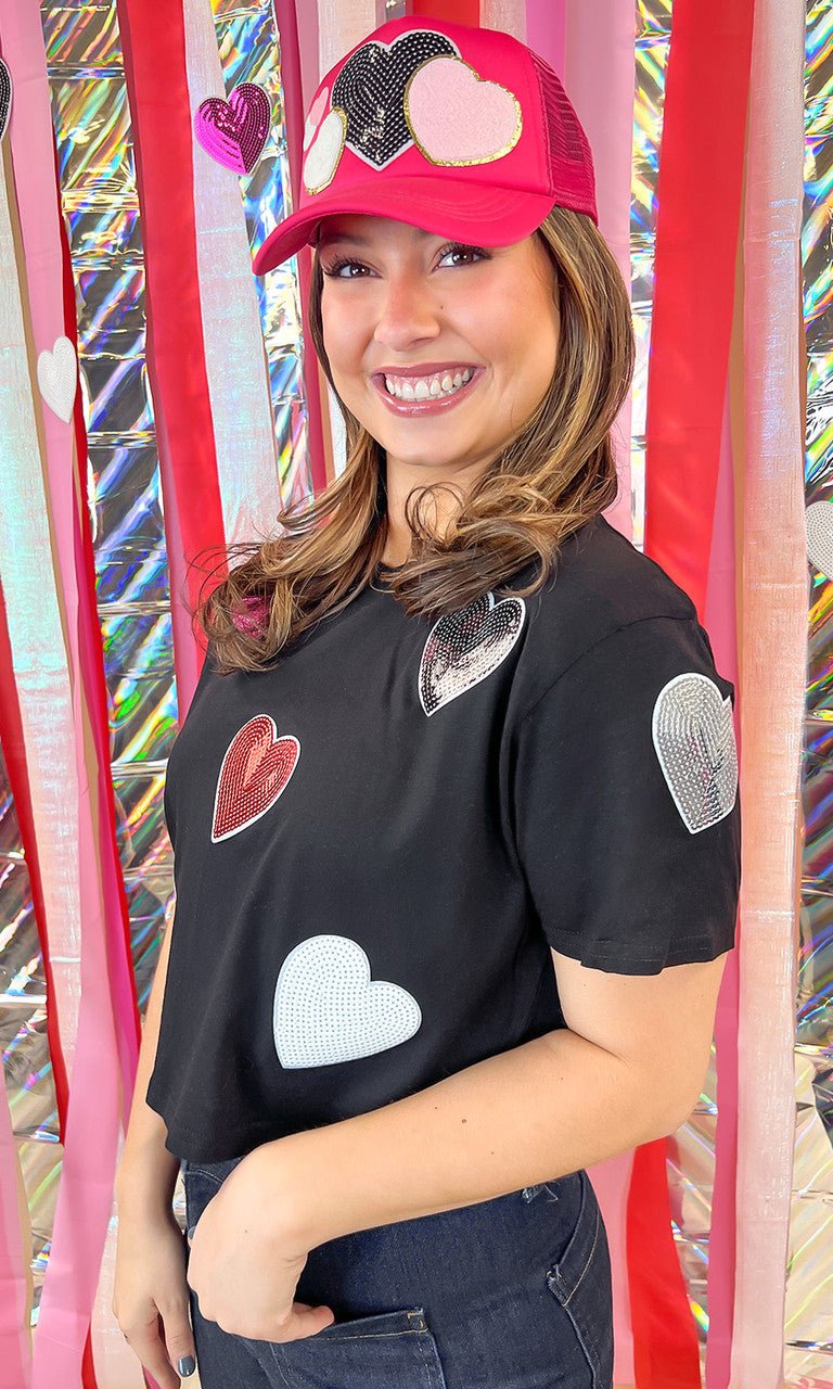 Sparkle Sequin Valentine Heart Graphic Crop Top T-Shirt - Free Spirited