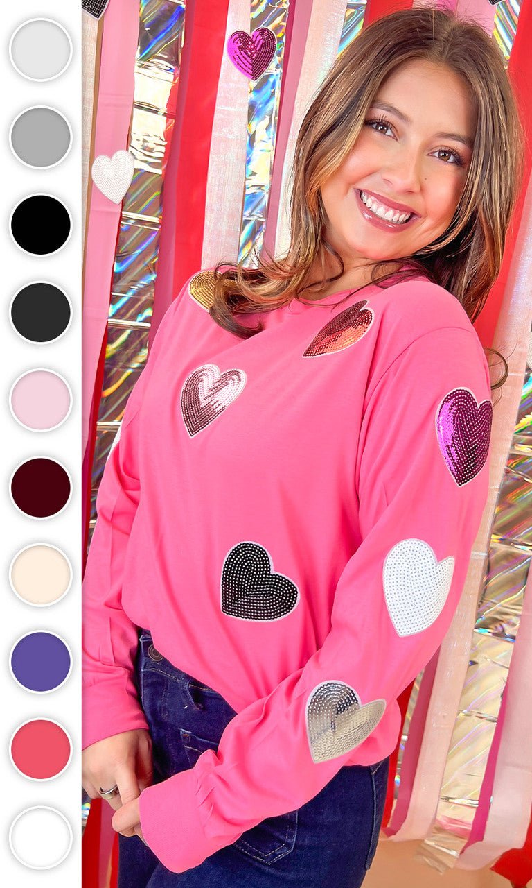 Sparkle Sequin Valentine Heart Graphic Long Sleeve T-Shirt - Free Spirited