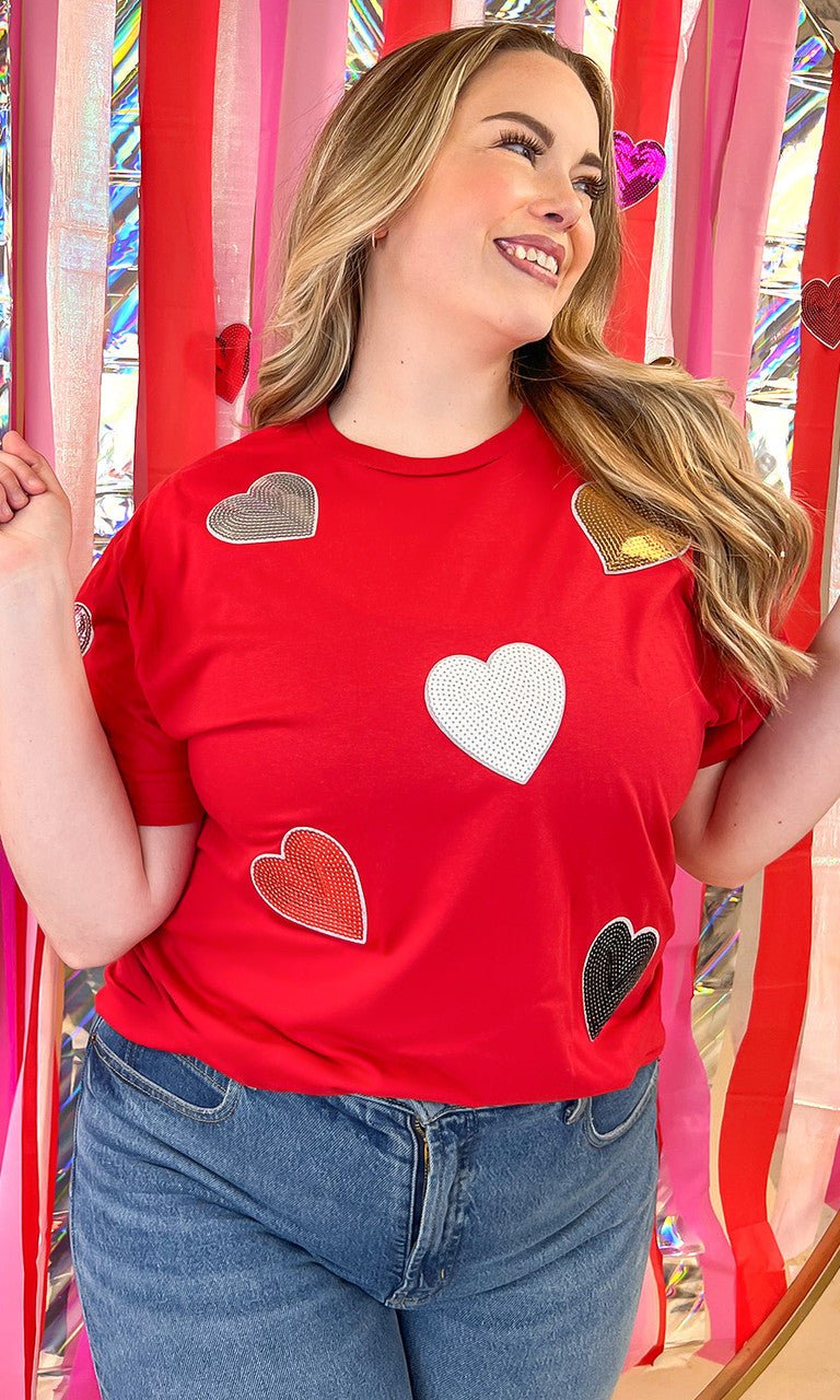 Sparkle Sequin Valentine Heart Graphic T-Shirt - Free Spirited