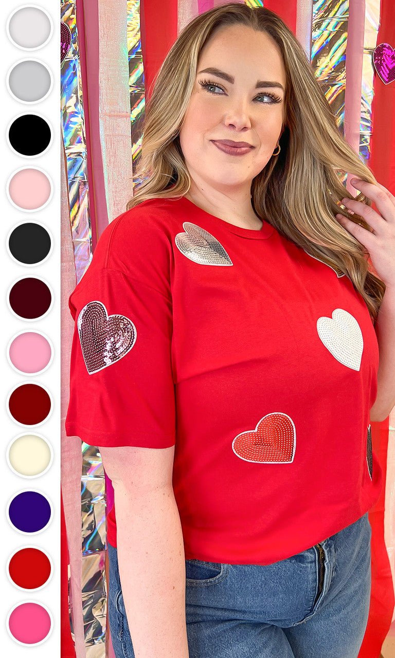 Sparkle Sequin Valentine Heart Graphic T-Shirt - Free Spirited