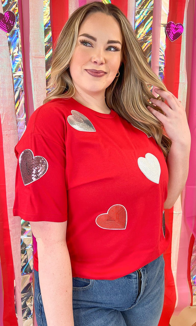 Sparkle Sequin Valentine Heart Graphic T-Shirt - Free Spirited