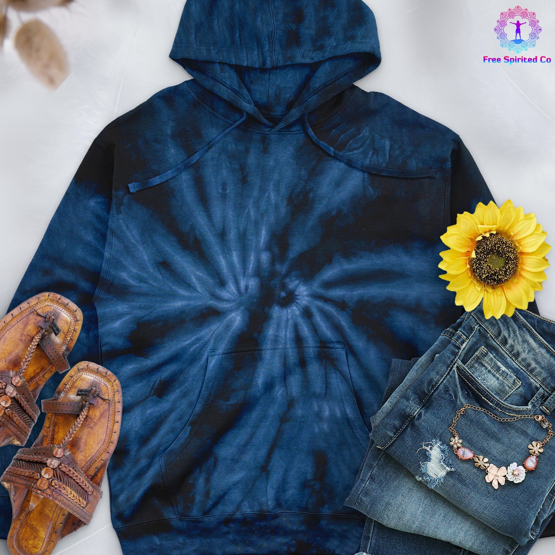 Spider Navy Hand - Dyed Pullover Hoodie - Free Spirited