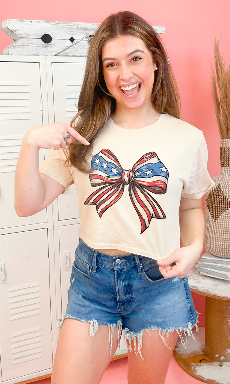 Stars and Stripes Patriotic Bow Graphic Crop Top - Free Spirited