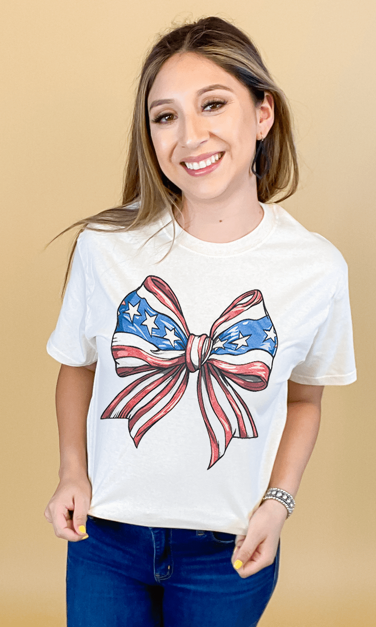 Stars and Stripes Patriotic Bow Graphic Shirt - Free Spirited