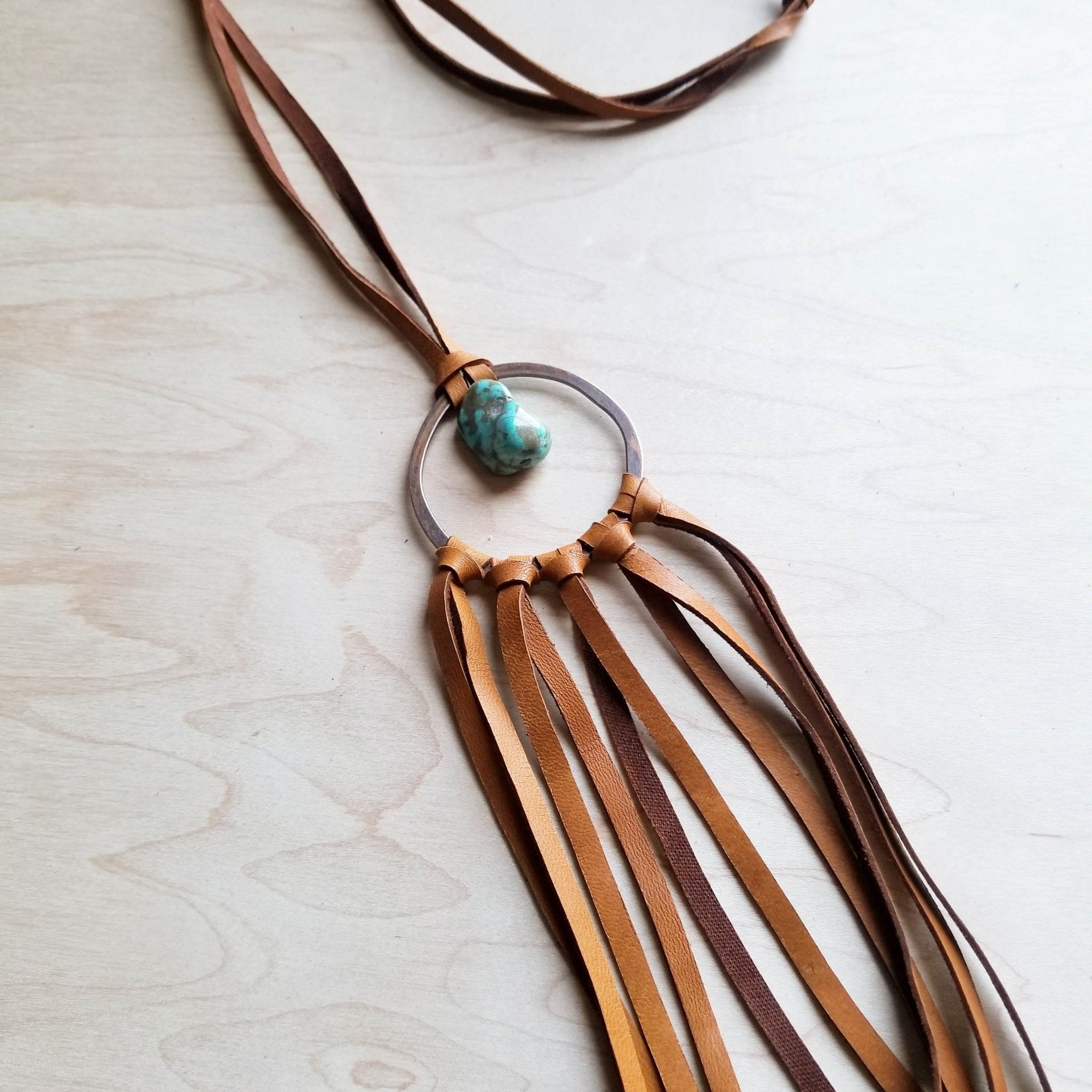 Tan Leather Dream Catcher Necklace with Turquoise Chunk 246t - Free Spirited