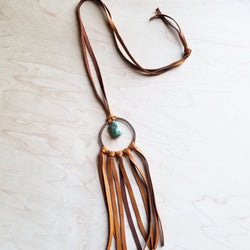 Tan Leather Dream Catcher Necklace with Turquoise Chunk 246t - Free Spirited