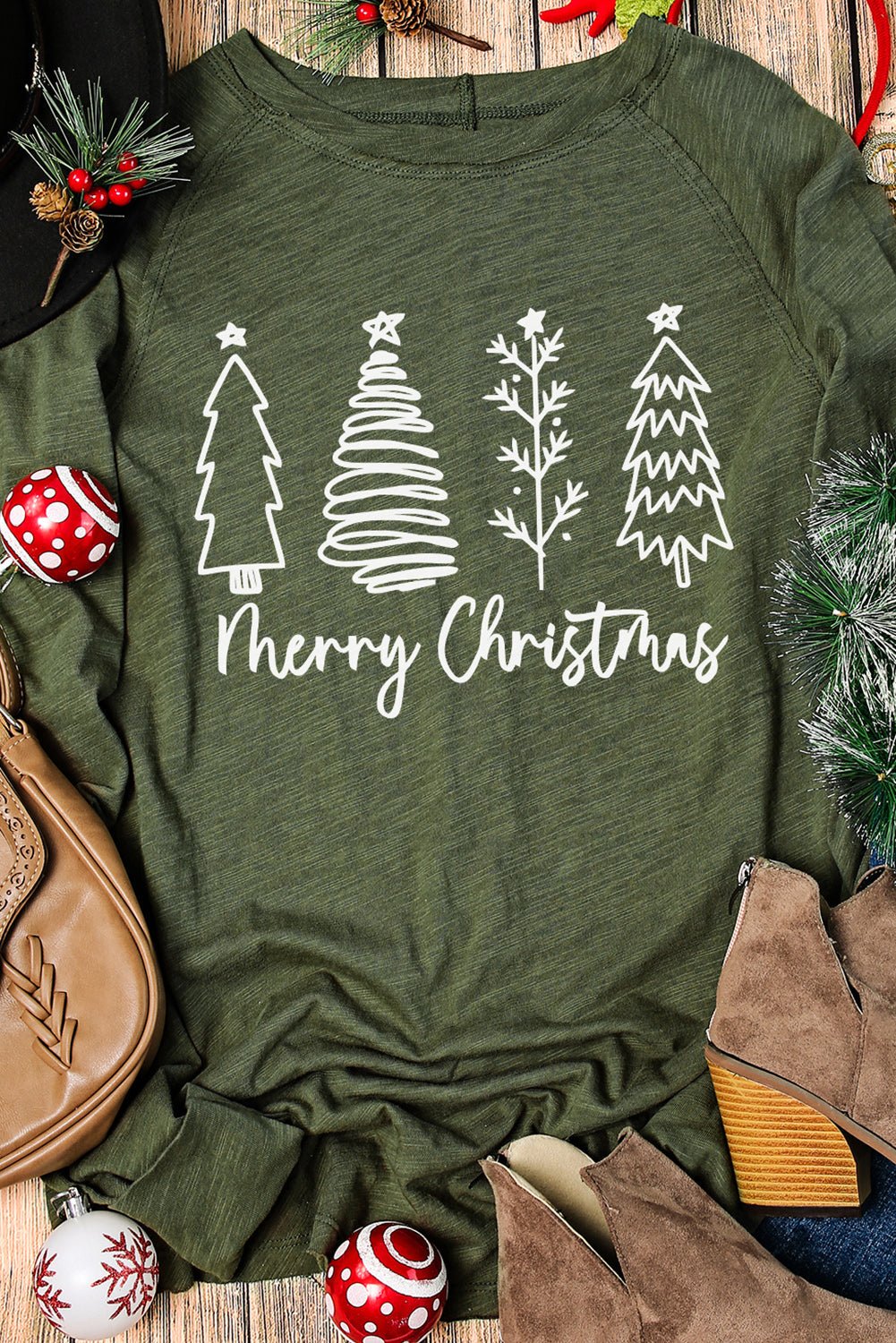 Thea Merry Christmas Trees Thumbhole Sleeve Graphic Tee - Free Spirited