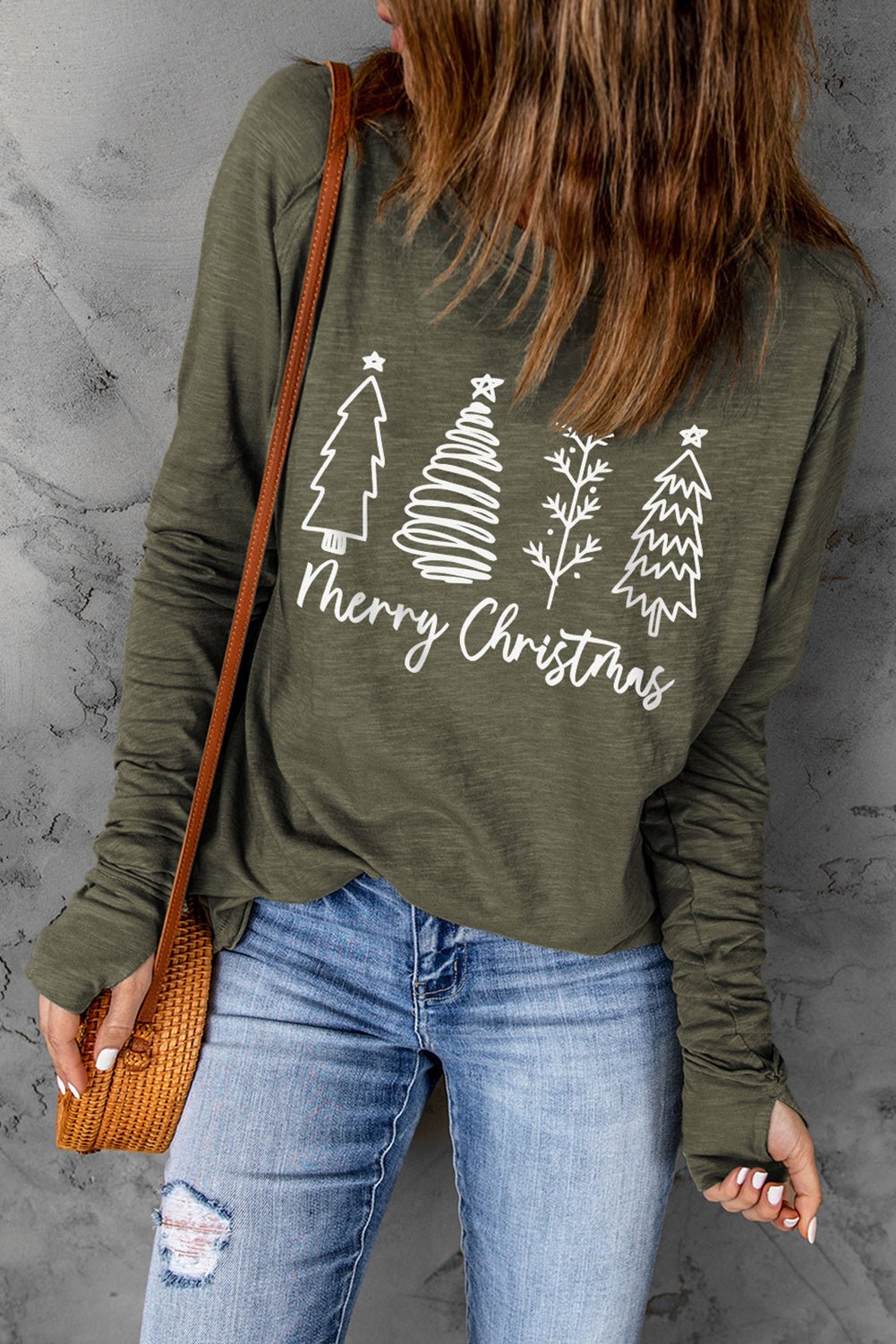 Thea Merry Christmas Trees Thumbhole Sleeve Graphic Tee - Free Spirited