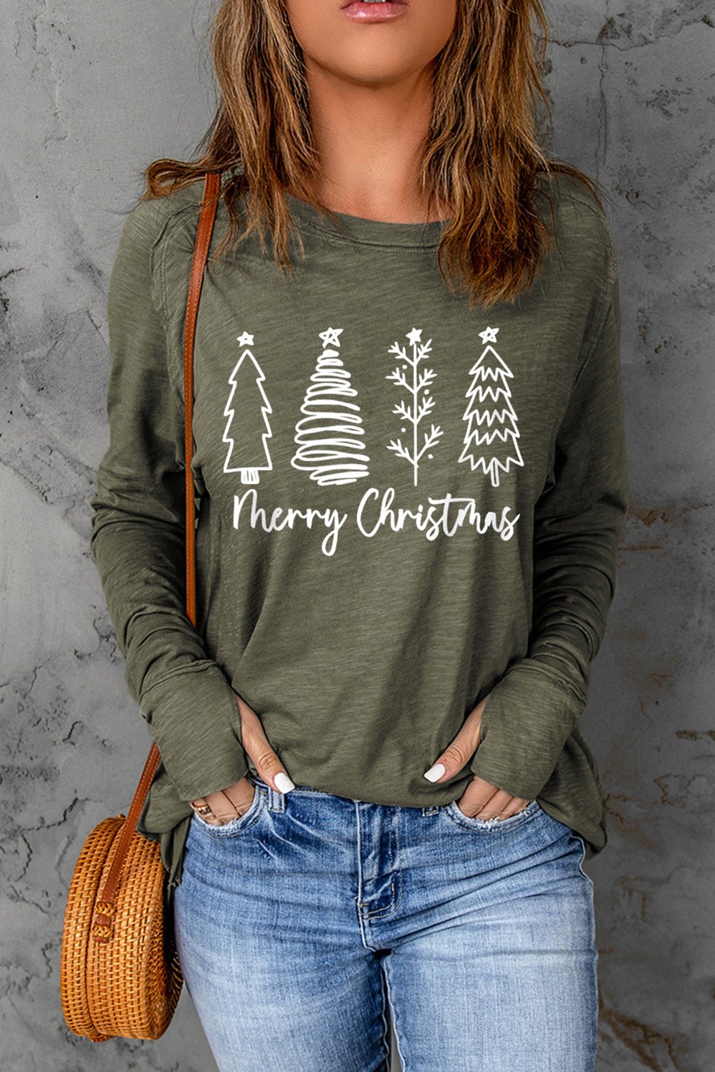 Thea Merry Christmas Trees Thumbhole Sleeve Graphic Tee - Free Spirited