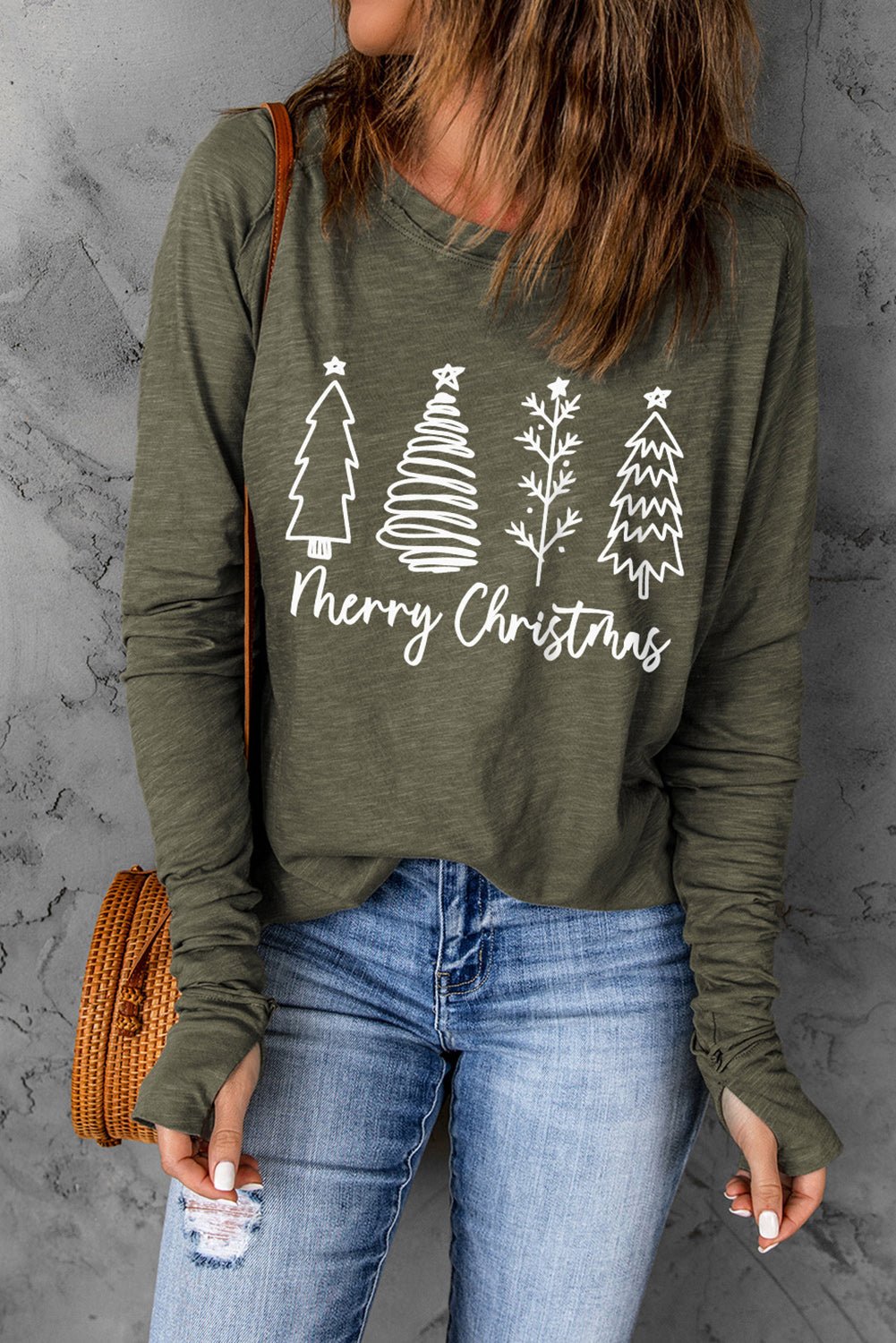 Thea Merry Christmas Trees Thumbhole Sleeve Graphic Tee - Free Spirited