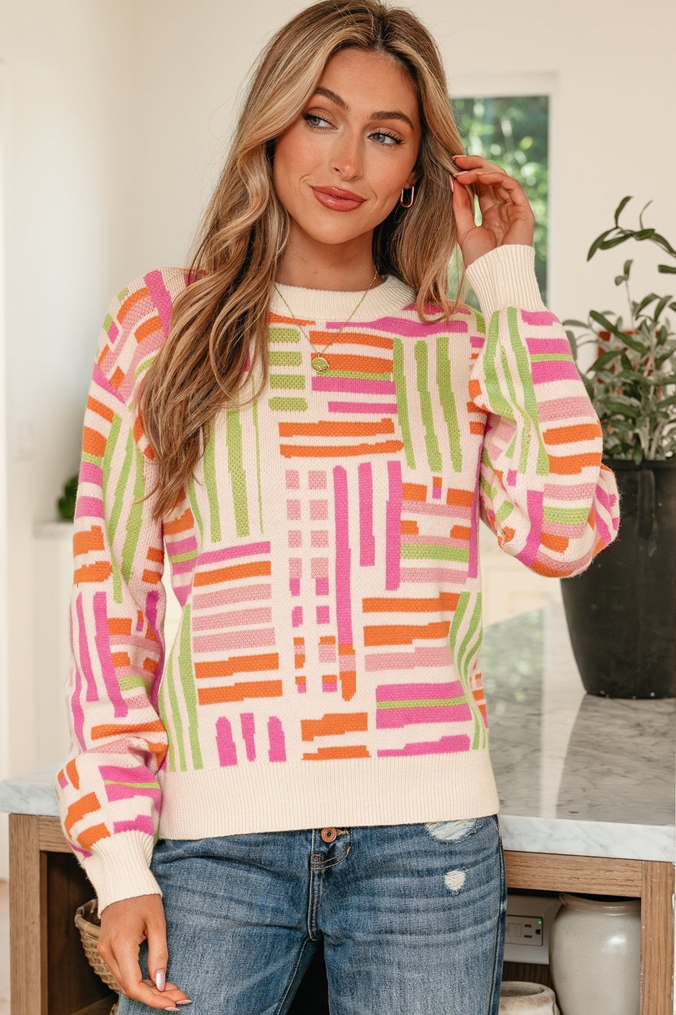 Tru Pattern Puff Sleeve Sweater by Threaded Pear - Free Spirited