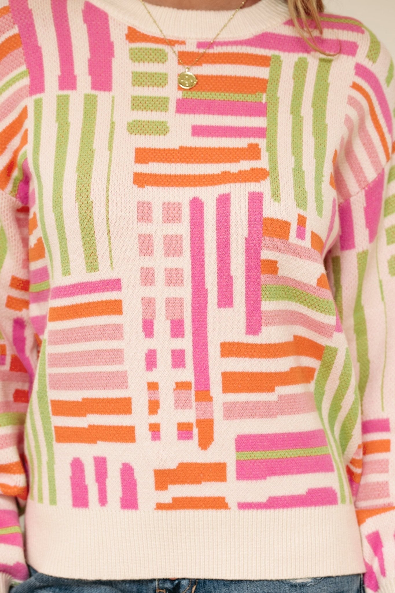 Tru Pattern Puff Sleeve Sweater by Threaded Pear - Free Spirited