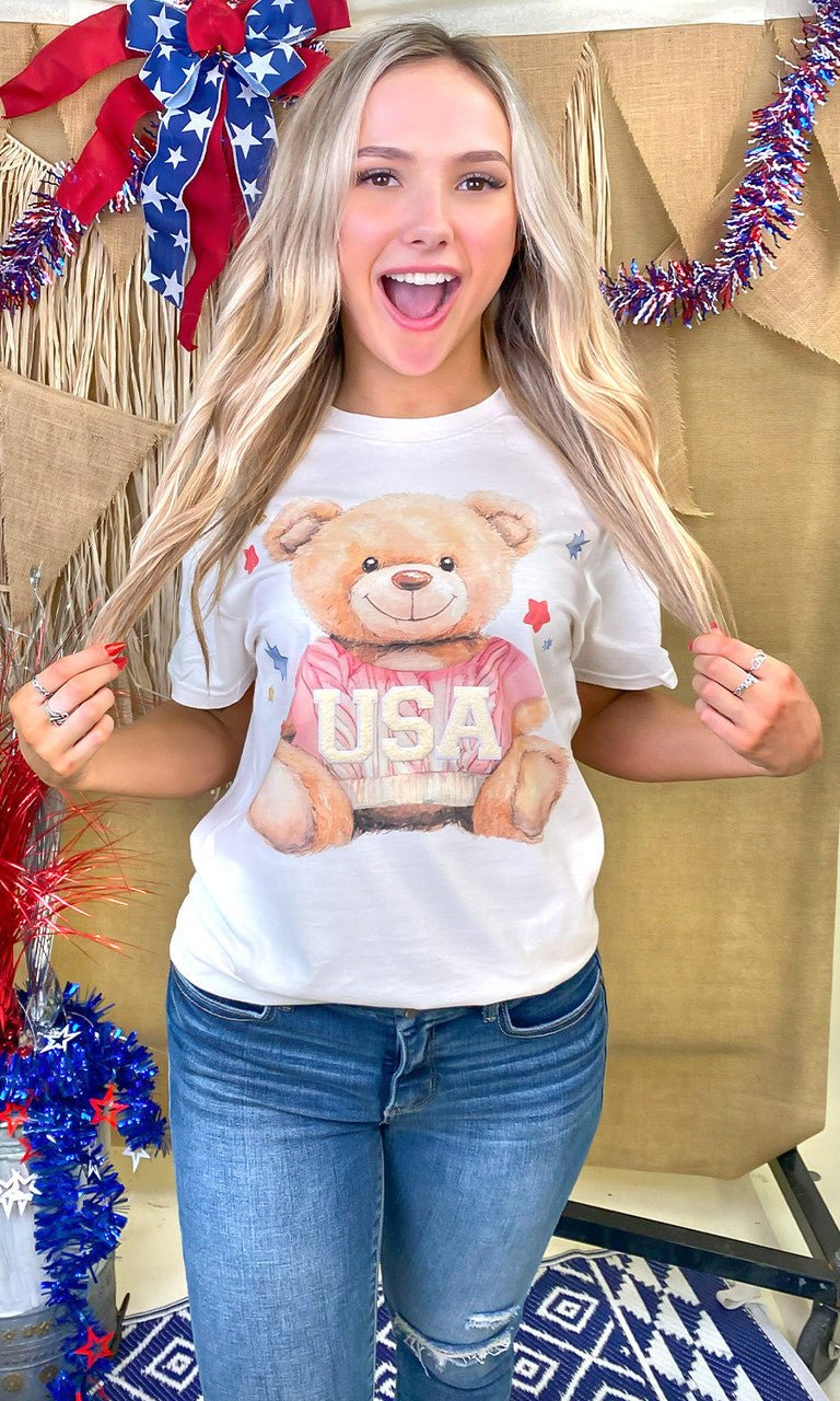 USA Teddy Bear Soft Chenille Graphic T-Shirt - Free Spirited