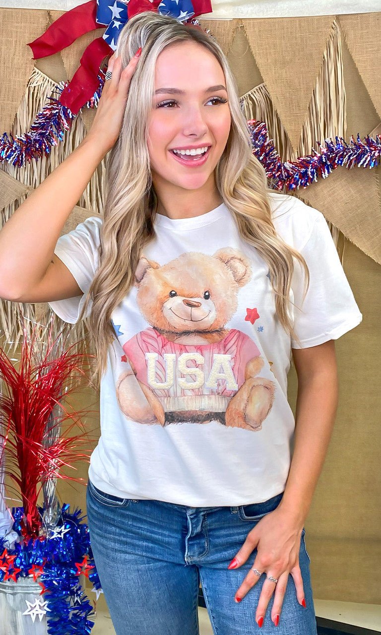 USA Teddy Bear Soft Chenille Graphic T-Shirt - Free Spirited