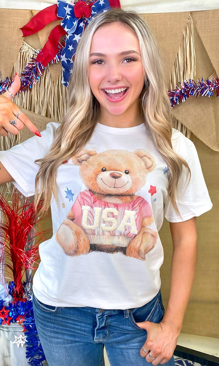 USA Teddy Bear Soft Chenille Graphic T-Shirt - Free Spirited