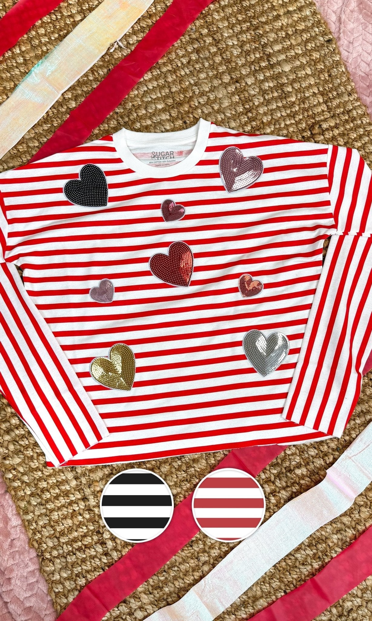 Valentine Heart Graphic Long Sleeve Striped Edgy - Free Spirited