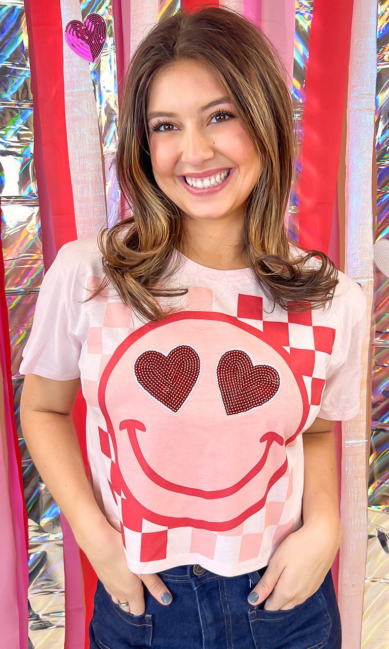 Valentine Sequin Smiley Graphic Crop Top T-Shirt - Free Spirited