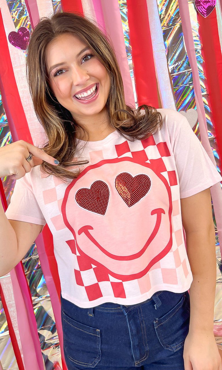 Valentine Sequin Smiley Graphic Crop Top T-Shirt - Free Spirited