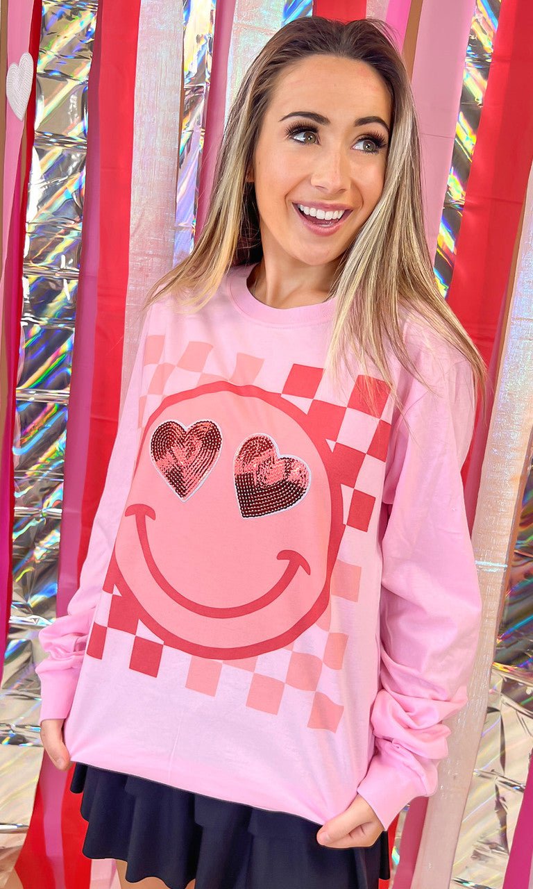 Valentine Sequin Smiley Graphic Long Sleeve T-Shirt - Free Spirited