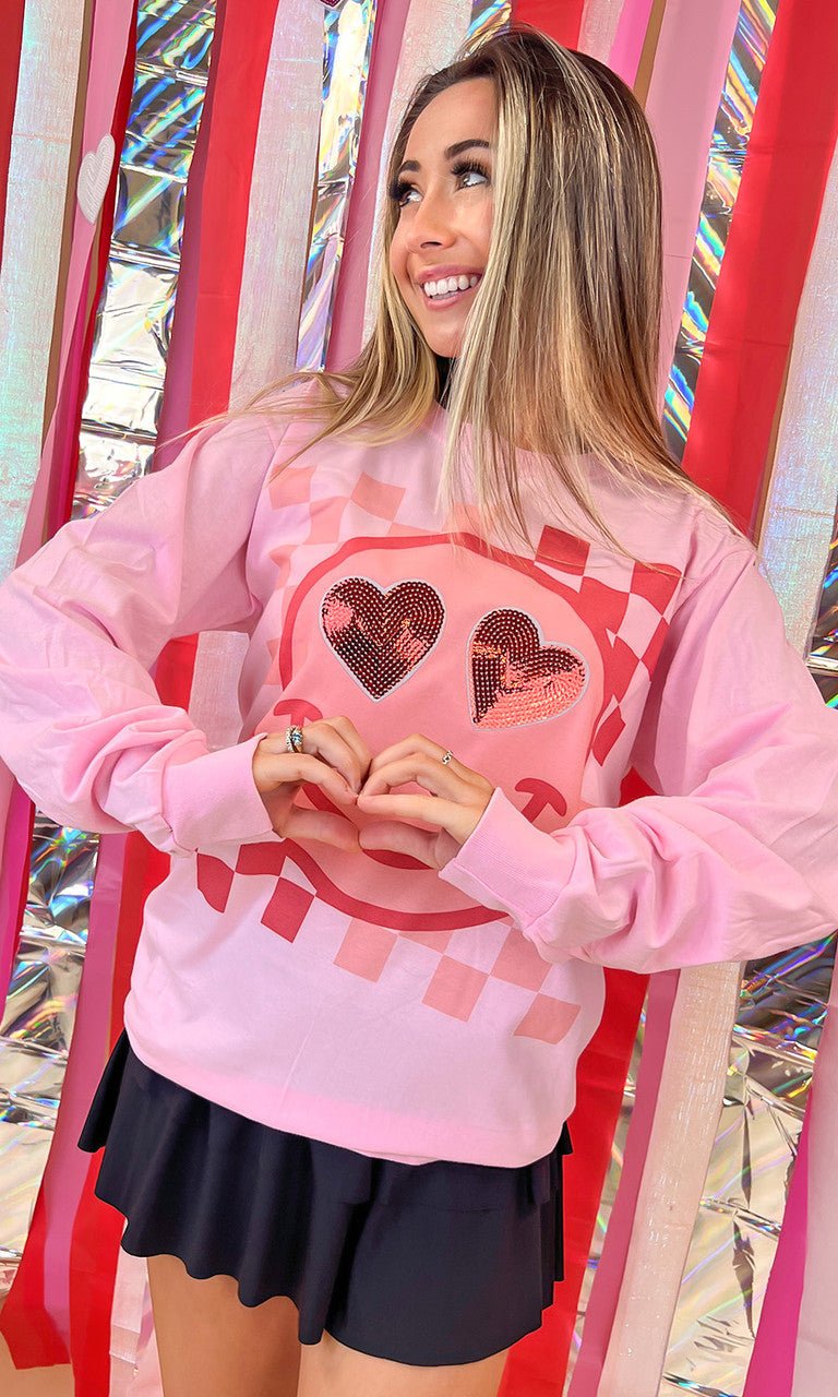 Valentine Sequin Smiley Graphic Long Sleeve T-Shirt - Free Spirited