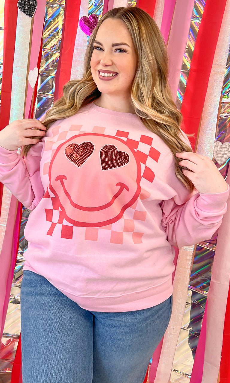 Valentine Sequin Smiley Graphic Sweatshirt - Free Spirited
