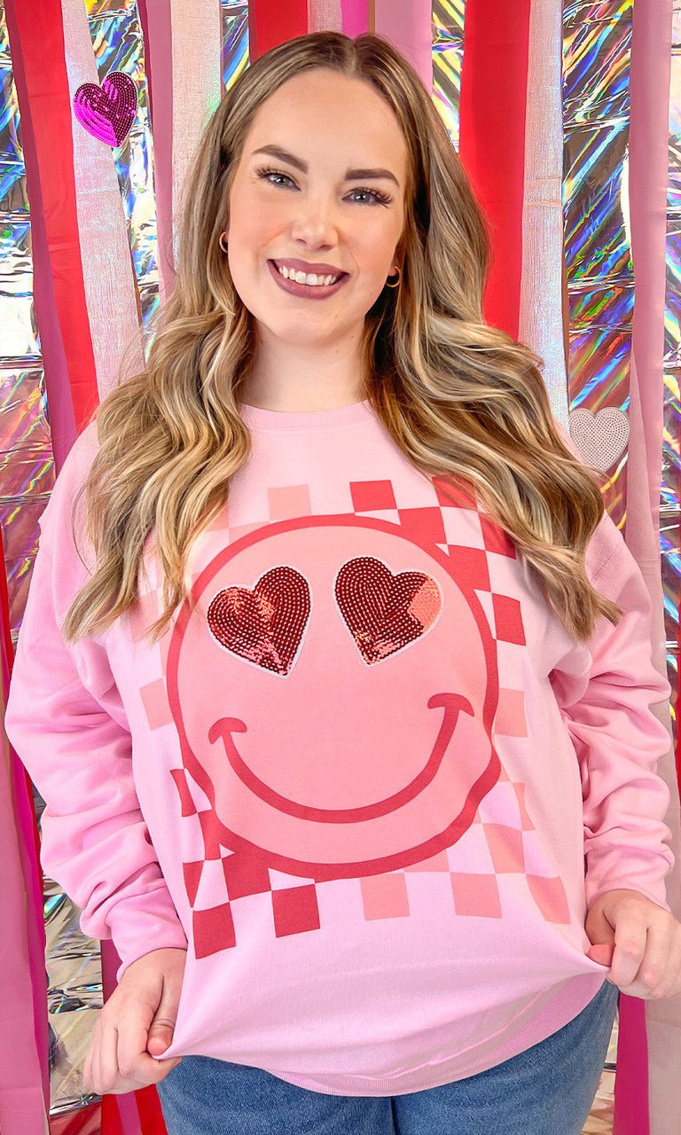 Valentine Sequin Smiley Graphic Sweatshirt - Free Spirited