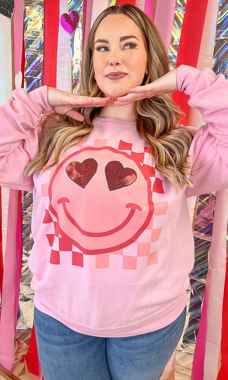 Valentine Sequin Smiley Graphic Sweatshirt - Free Spirited